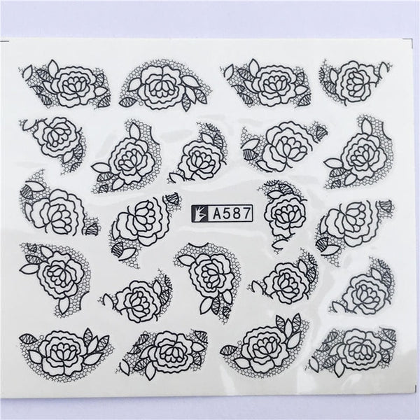 YZWLE 32 Styels Beauty DIY Black Lace Flower Sticker Nail Art Decals for Women Tips Water Transfer Accessory