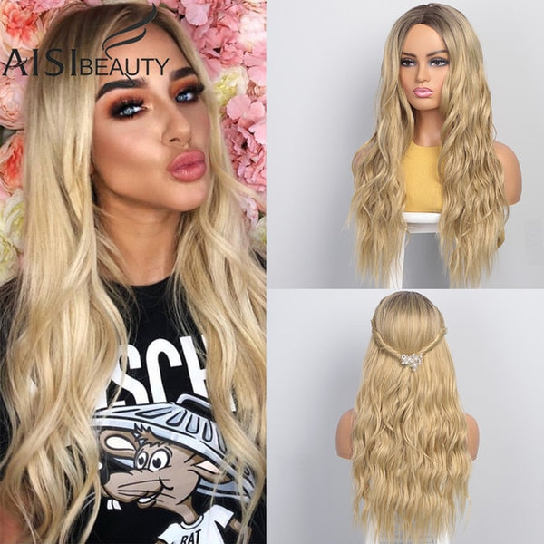 AISI BEAUTY Long Womens Wigs Ombre Platinum Blonde Wigs Heat Resistant Part Side Synthetic Wavy Wigs for African American Women