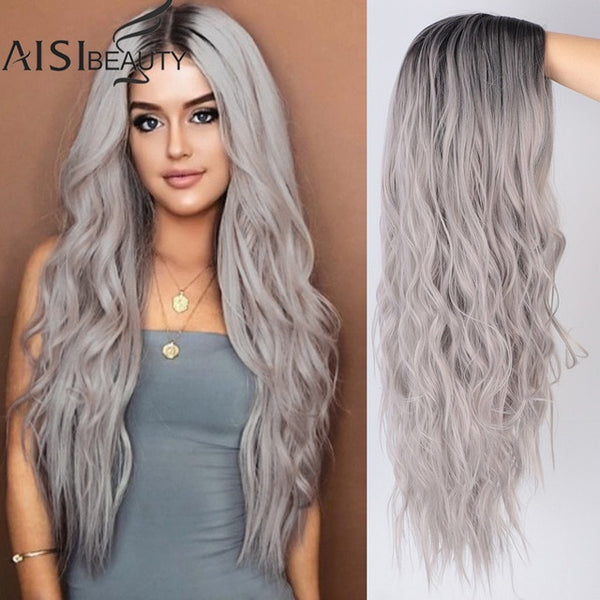AISI BEAUTY Long Womens Wigs Ombre Platinum Blonde Wigs Heat Resistant Part Side Synthetic Wavy Wigs for African American Women
