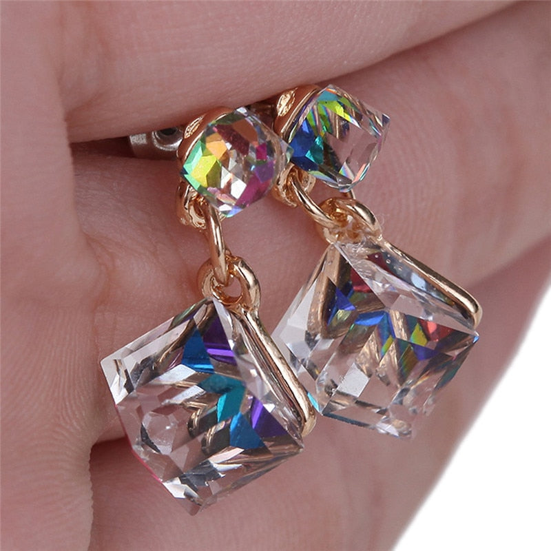 1Pair Double Crystal Cube Earring Women Fashion Earrings Sweet Stud Colourful For Beauty Women Girls Bijou Statement Jewelry