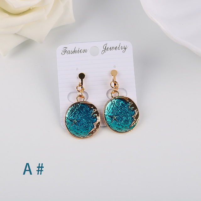 Korea Style Asymmetrical Fresh Enamel blue Star Moon Planet Circle Clip on Earrings Non Pierced For Girl Women Party Gift