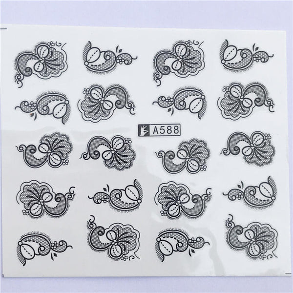 YZWLE 32 Styels Beauty DIY Black Lace Flower Sticker Nail Art Decals for Women Tips Water Transfer Accessory