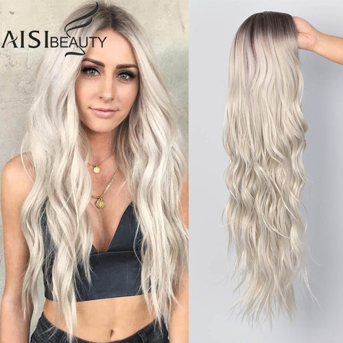 AISI BEAUTY Long Womens Wigs Ombre Platinum Blonde Wigs Heat Resistant Part Side Synthetic Wavy Wigs for African American Women