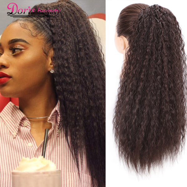 Doris Beauty Long Afro Kinky Curly Ponytail Extension 22 Inch Synthetic Drawstring Corn Hair Piece for Women Black Brown