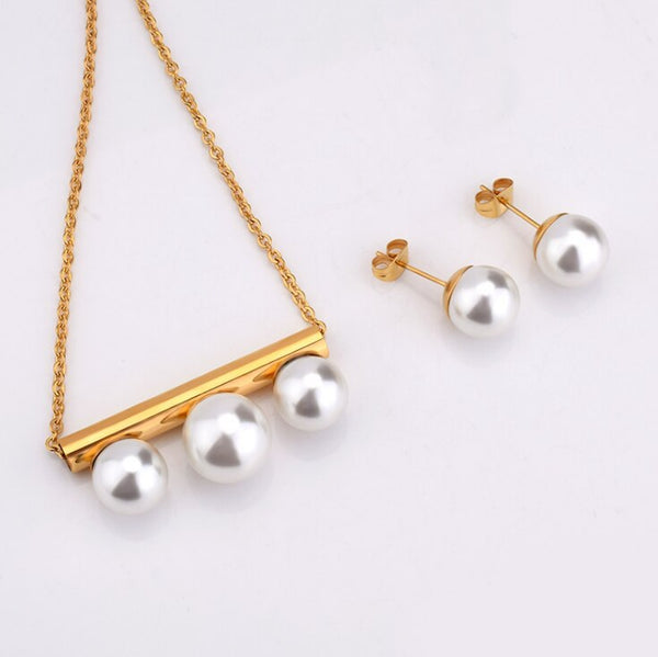 White Round Pearl Necklace Pendant Earring Jewlery Sets for Women Gift Fahion Nice TZ0010-G