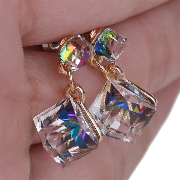 1Pair Double Crystal Cube Earring Women Fashion Earrings Sweet Stud Colourful For Beauty Women Girls  Bijou Statement Jewelry